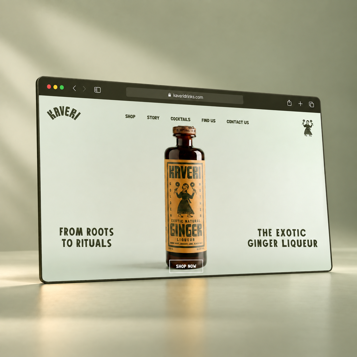 Kaveri Drinks ginger liqueur storefront website mockup